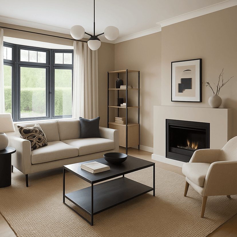 Modern living room after AI transformation with Farrow & Ball Hague Blue walls and contemporary styling elements
