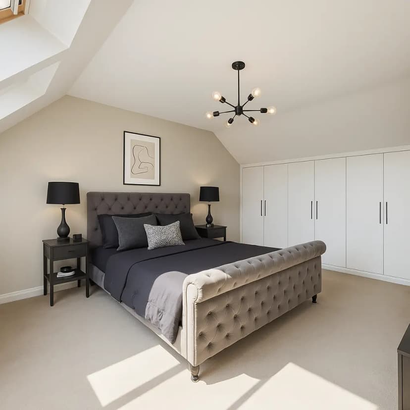 Elegant bedroom after AI transformation with rich moody Farrow & Ball Railings walls and sophisticated traditional styling