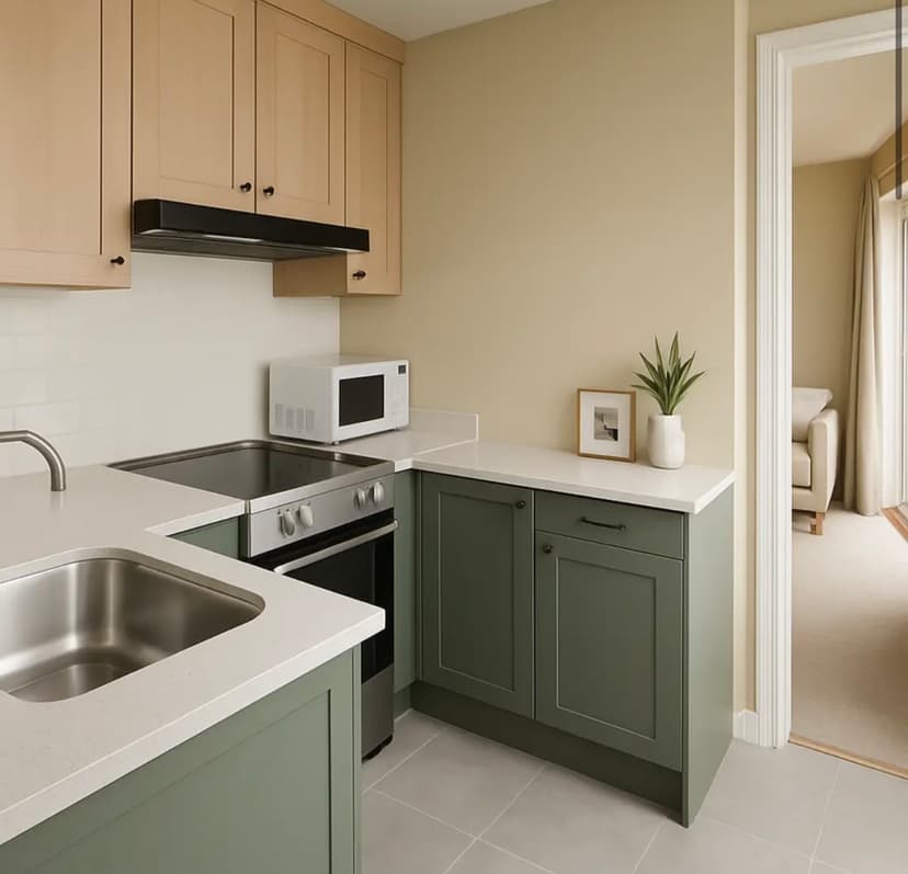 Scandinavian kitchen after AI transformation with soft gray-green Farrow & Ball Lichen walls and minimalist styling